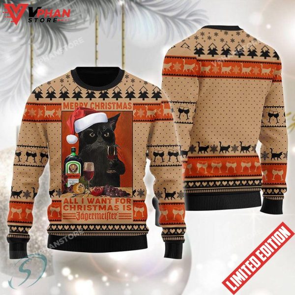 Black Cat Drinking Jagermeister Ugly Christmas Sweater