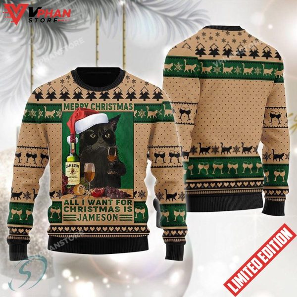 Black Cat Drinking Jameson Ugly Christmas Sweater