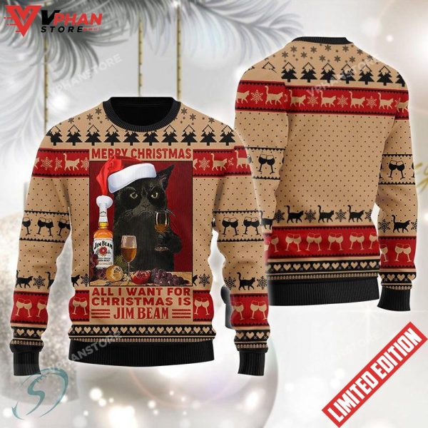 Black Cat Drinking Jim Beam Ugly Christmas Sweater