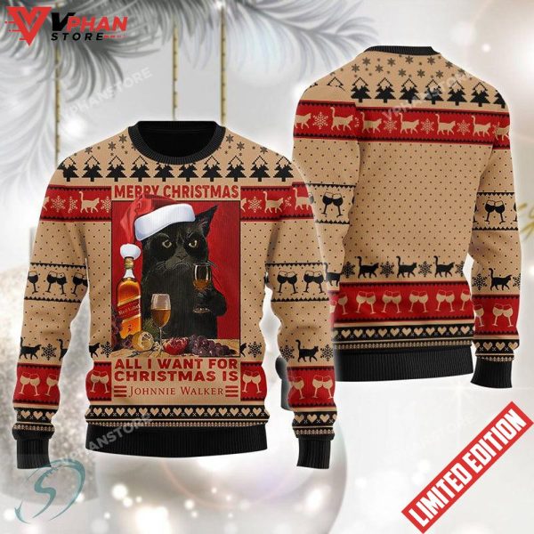 Black Cat Drinking Johnnie Walker Ugly Christmas Sweater