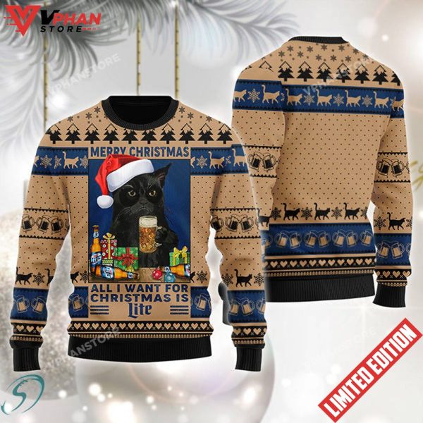 Black Cat Drinking Miller Lite Ugly Christmas Sweater