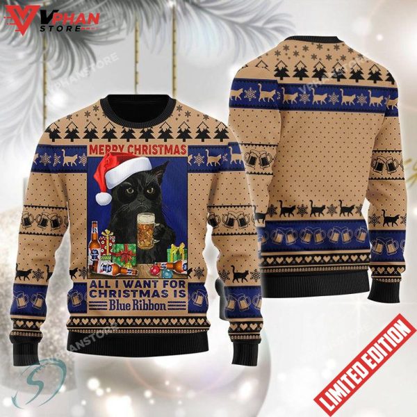 Black Cat Drinking Pabst Blue Ribbon Ugly Christmas Sweater