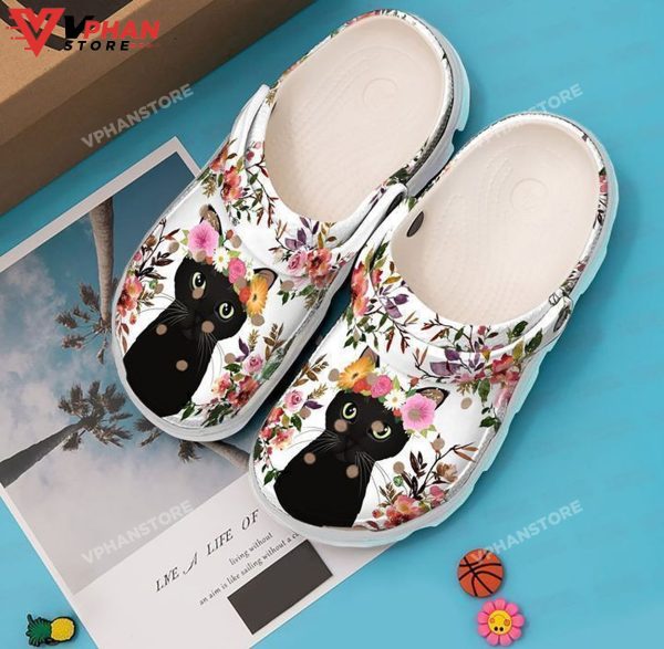 Black Cat Floral Classic Clogs Shoes