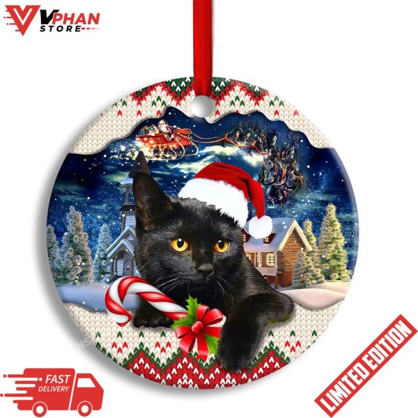 Funny Xmas Light Santa Claus Black Cat Ornament