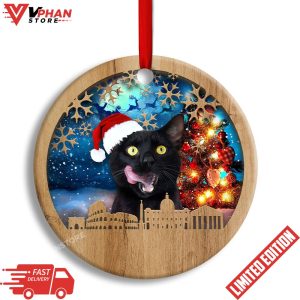 Black Cat Happy Xmas Light Santa Claus Ornament 1