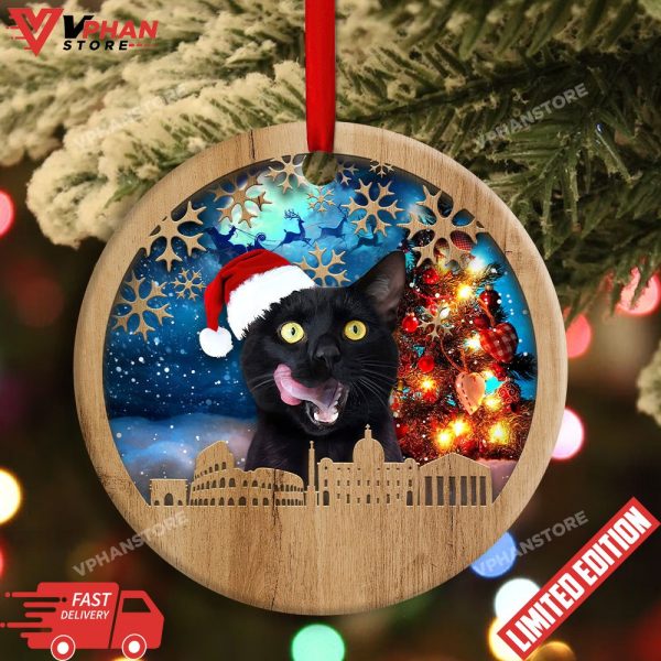 Black Cat Happy Xmas Light Santa Claus Ornament