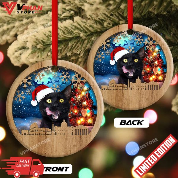 Black Cat Happy Xmas Light Santa Claus Ornament