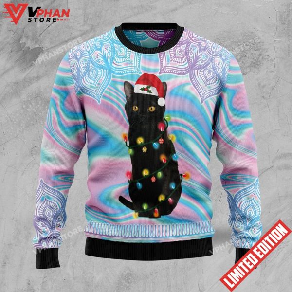 Black Cat Hologram Pattern Ugly Christmas Sweater