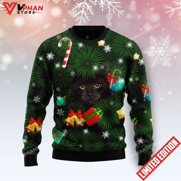 Black Cat Inside Tree Ugly Christmas Sweater