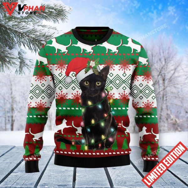 Black Cat Light Christmas Ugly Sweater