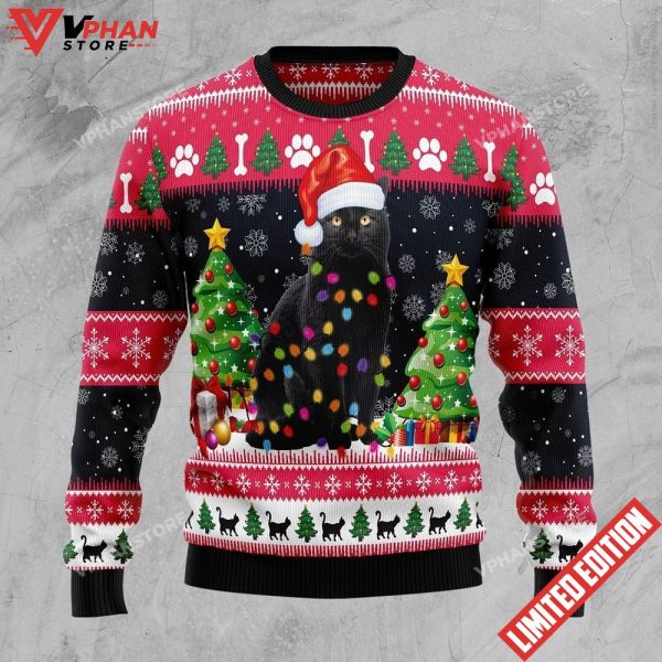 Black Cat Light Ugly Christmas Sweater