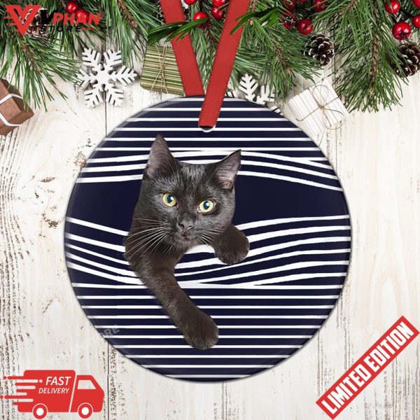 Black Cat Look At You Round Xmas Ornament