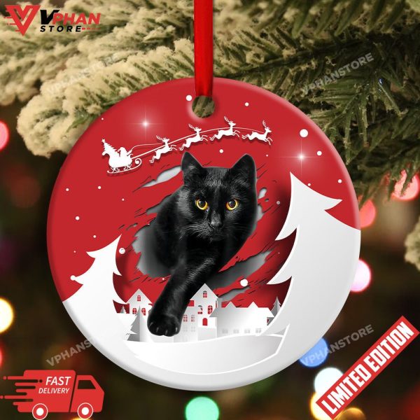 Black Cat Love Xmas Paper Cut Decor Tree Hanging Round Ornament