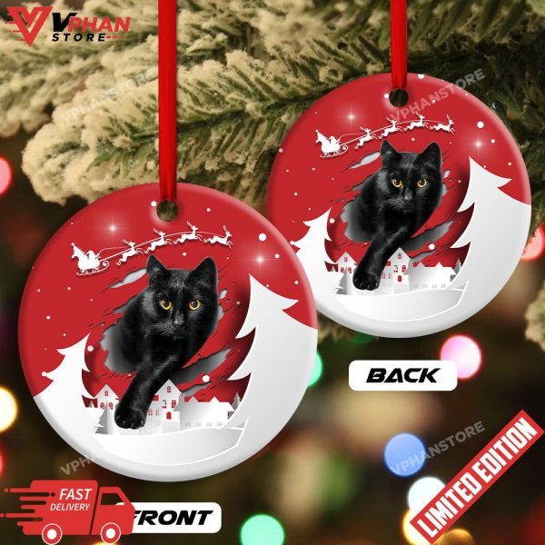 Black Cat Love Xmas Paper Cut Decor Tree Hanging Round Ornament