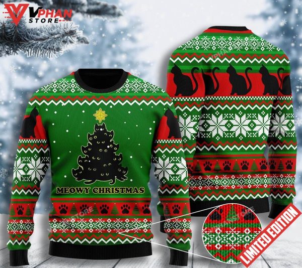 Black Cat Meowy Christmas Tree Ugly Sweater