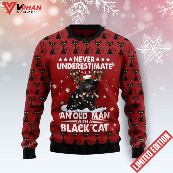 Black Cat Old Man Ugly Christmas Sweater