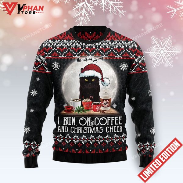 Black Cat Run On Coffee Ugly Christmas Sweater