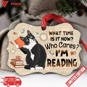 Book And Tuxedo Cat Who Cares Horizontal Ornament 1