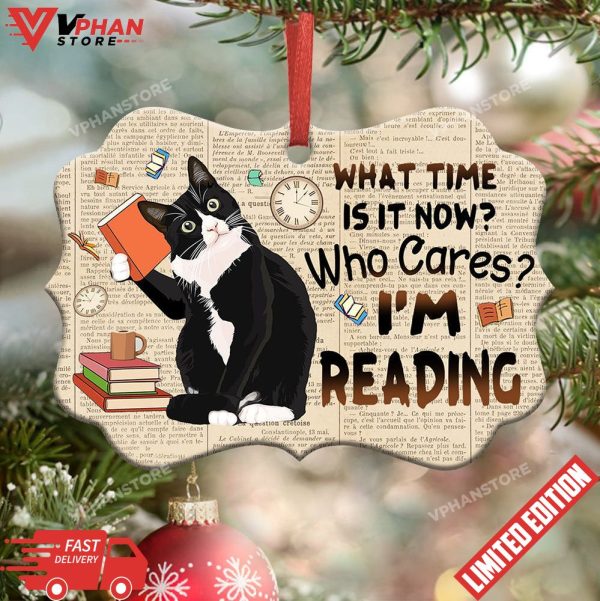 Book And Tuxedo Cat Who Cares Horizontal Ornament