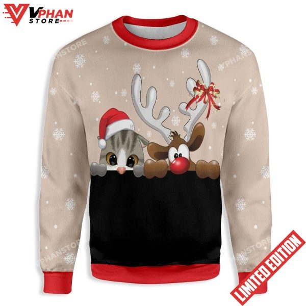 Cat And Reindeer Ugly Christmas Sweater