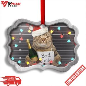 Cat Bad Santa Champagne And Santa Hat Horizontal Ornament 1