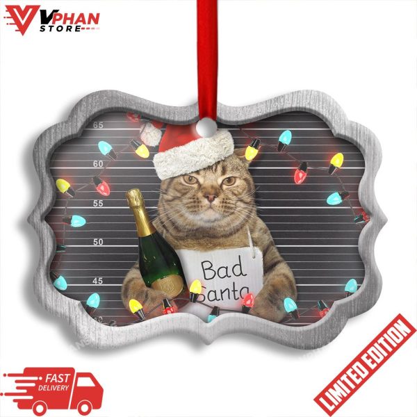 Bad Santa Champagne And Santa Hat Cat Horizontal Ornament