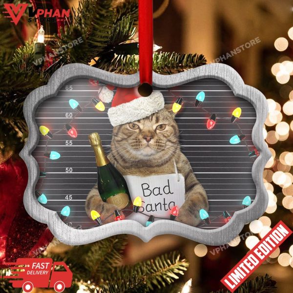 Bad Santa Champagne And Santa Hat Cat Horizontal Ornament