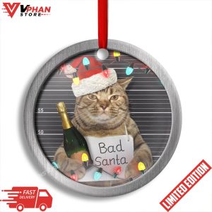 Cat Bad Santa Champagne And Santa Hat Round Ornament 1