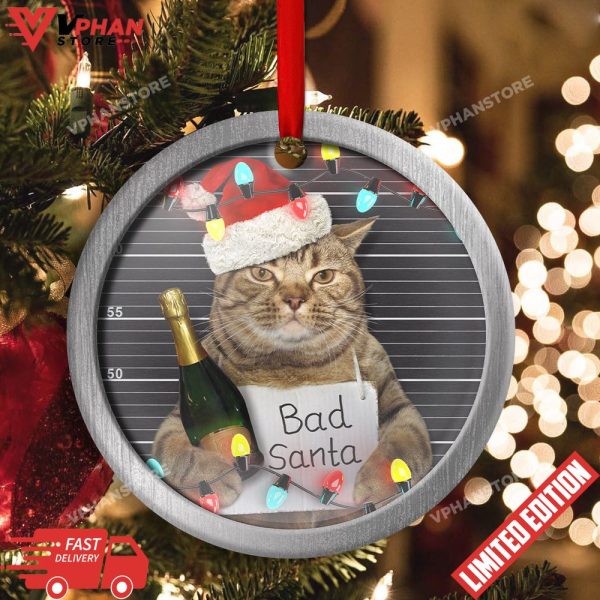 Cat Bad Santa Champagne And Santa Hat Round Ornament