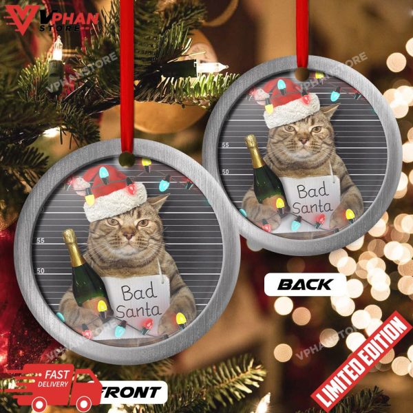 Cat Bad Santa Champagne And Santa Hat Round Ornament