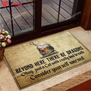 Cat Beyond Here There Be Dragons DoorMat 1