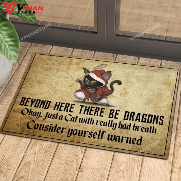 Cat Beyond Here There Be Dragons DoorMat