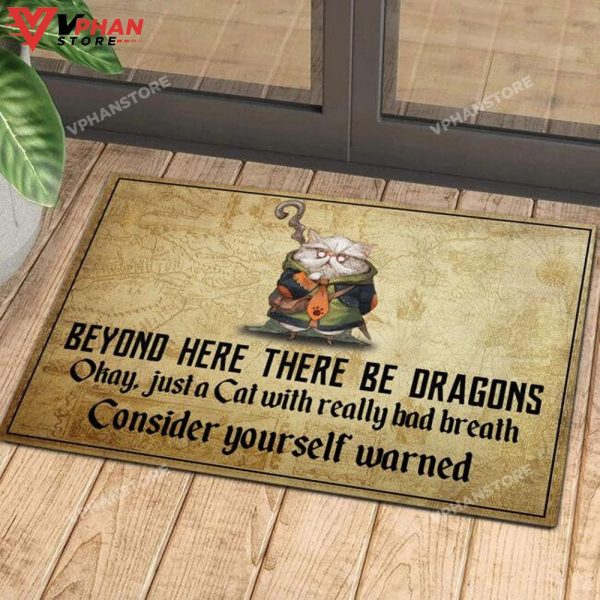 Cat Beyond Here There Be Dragons DoorMat