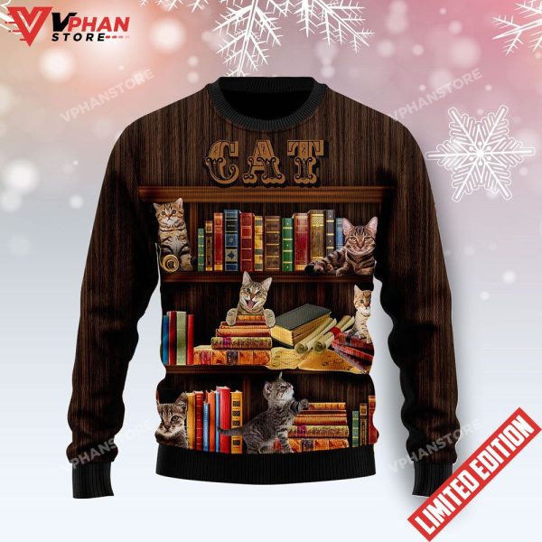 Cat Bookcase Ugly Christmas Sweater