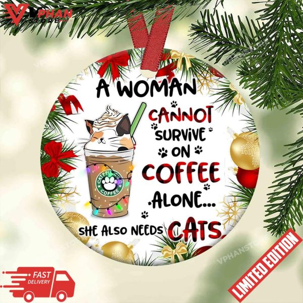 Cat Christmas Coffee Lover Round Ornament