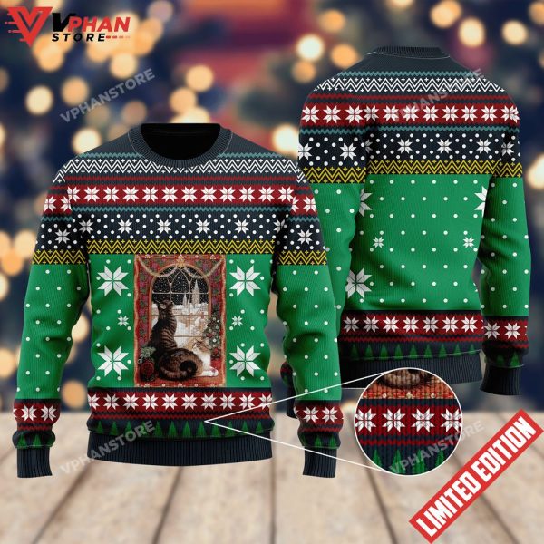 Cat Christmas Snow Window Ugly Sweater