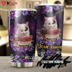 Cat Cute Kitty With Purple Flowers Personalized Tumbler 1