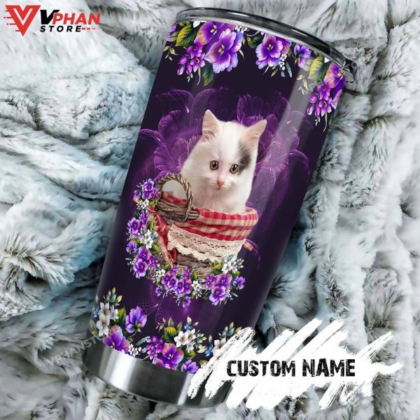 Cat Cute Kitty With Purple Flowers Personalized Tumbler