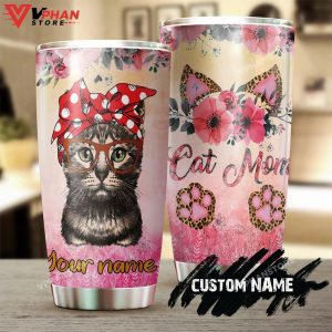 Cat Mom Pretty Flowers Cat Paws Personalized Tumbler 1