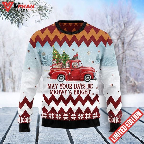 Cat Red Truck Ugly Christmas Sweater