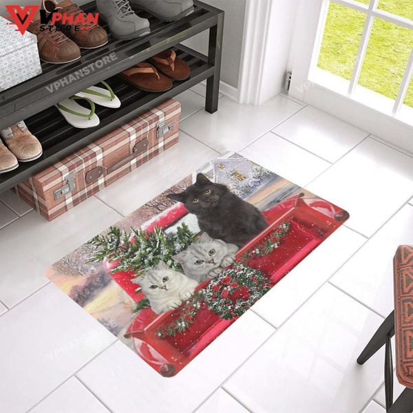 Cat Winter And Red Car DoorMat