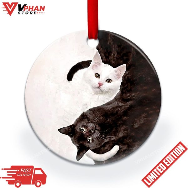 Cat Yin Yang Style Round Christmas Ornament