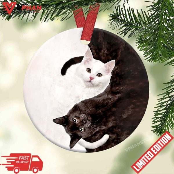 Cat Yin Yang Style Round Christmas Ornament