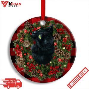 Christmas Black Cat Meowy Catmas Round Ornament 1