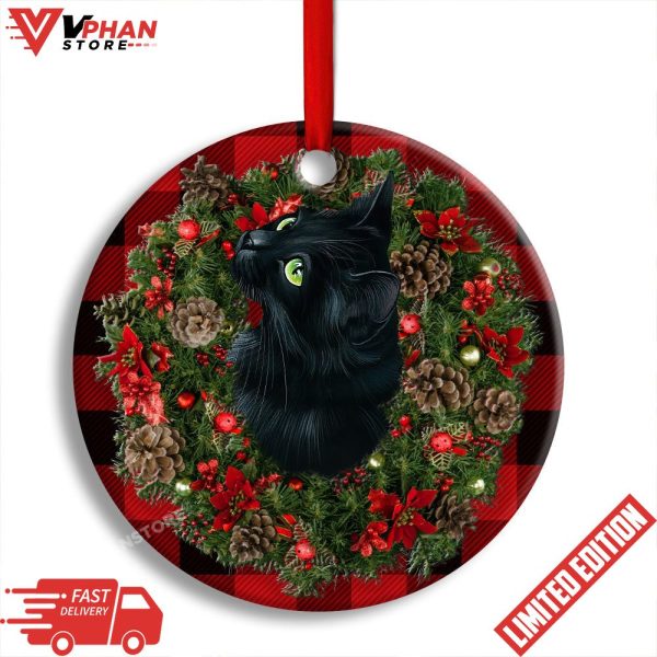 Meowy Catmas Black Cat Round Christmas Ornament