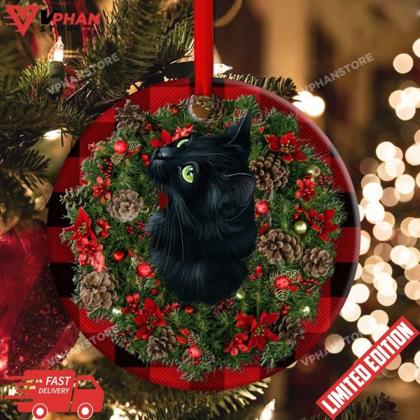 Meowy Catmas Black Cat Round Christmas Ornament