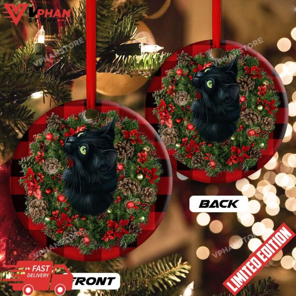 Meowy Catmas Black Cat Round Christmas Ornament