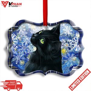 Christmas Black Cat Stary Snowy Night Horizontal Ornament 1