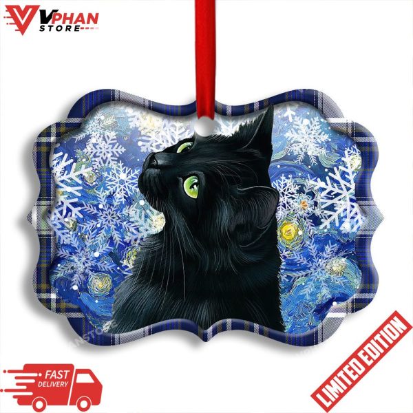 Black Cat Stary Snowy Night Horizontal Christmas Ornament