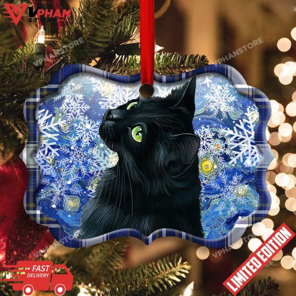 Black Cat Stary Snowy Night Horizontal Christmas Ornament